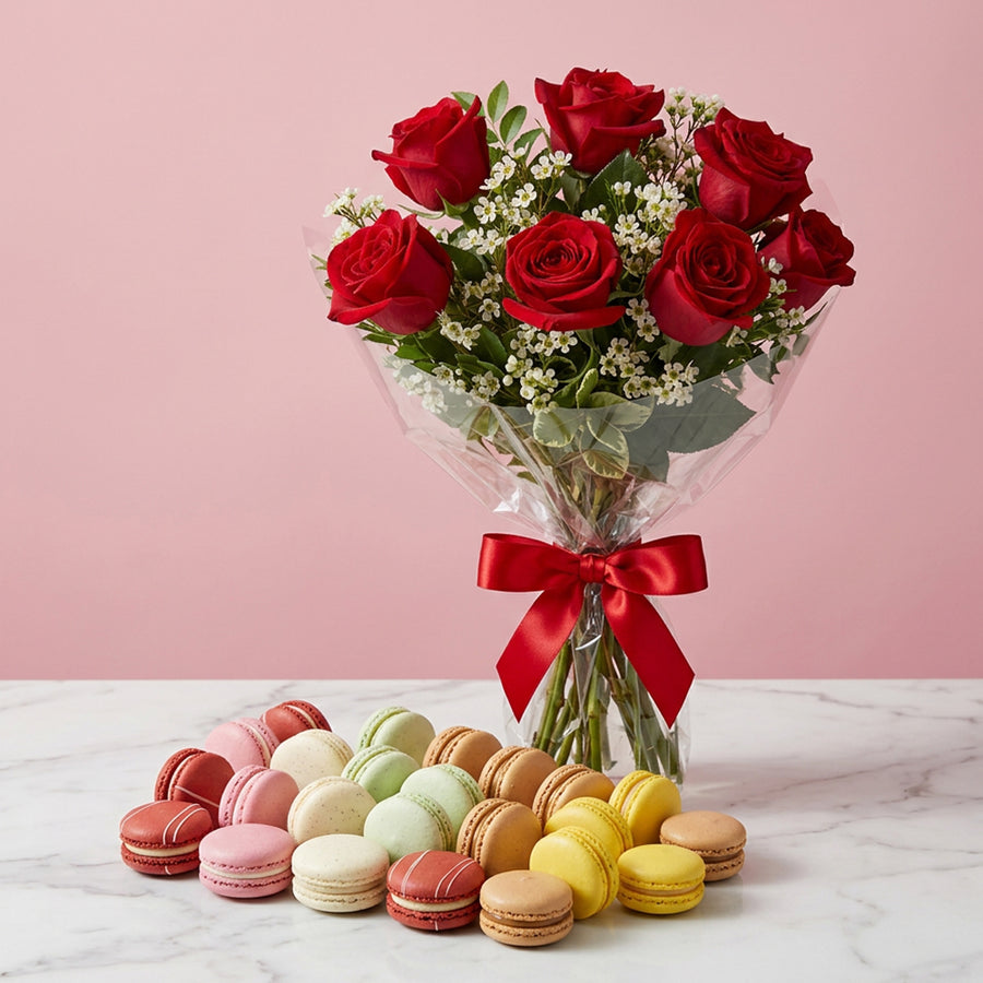 6 Red Roses and 24 Macarons Box