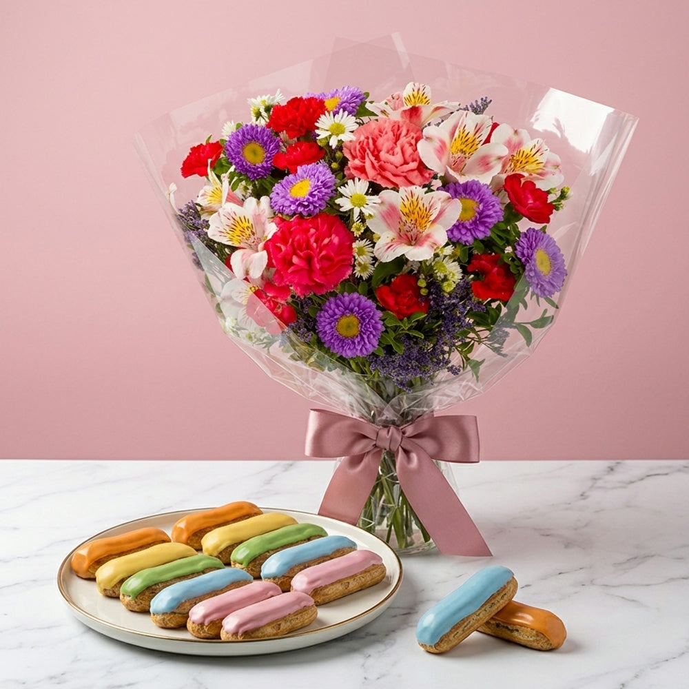 Assorted Anniversary Flowers & 6 Eclairs Box