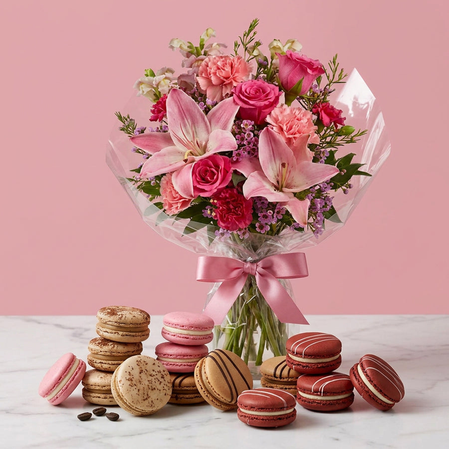 Assorted Pink Bouquet and 12 Macarons Gift Box