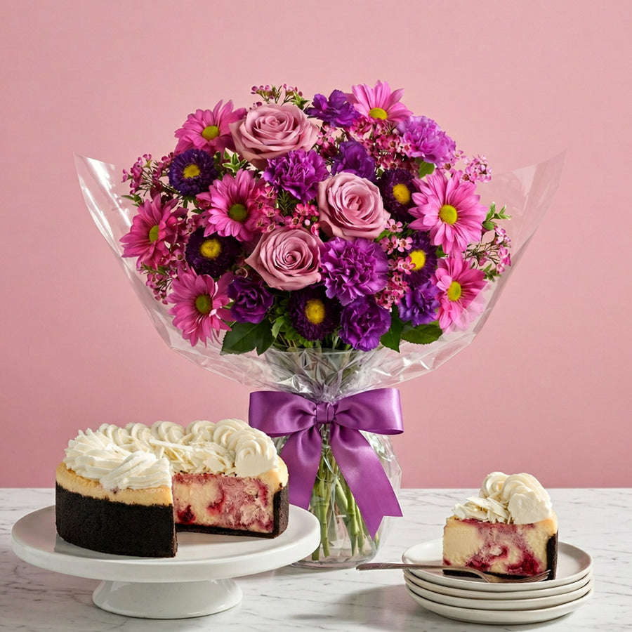 Assorted Purple Bouquet and Medium 6'' Cheesecake