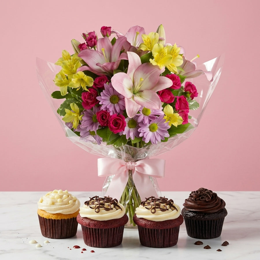 Assorted Spring Flowers & 4 Cupcakes Box
