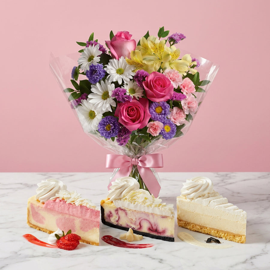 Birthday Designer Choice Bouquet and Cheesecake Slices
