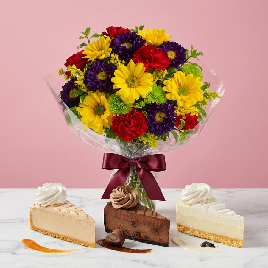 Assorted Bright Blooms and Cheesecake Box