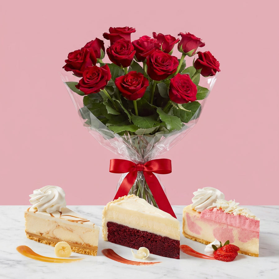 Dozen Red Roses and Cheesecake Box