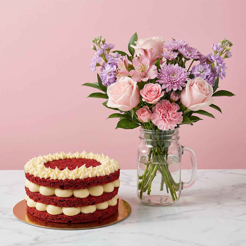 Red Velvet Cake & Pink Flower Bundle
