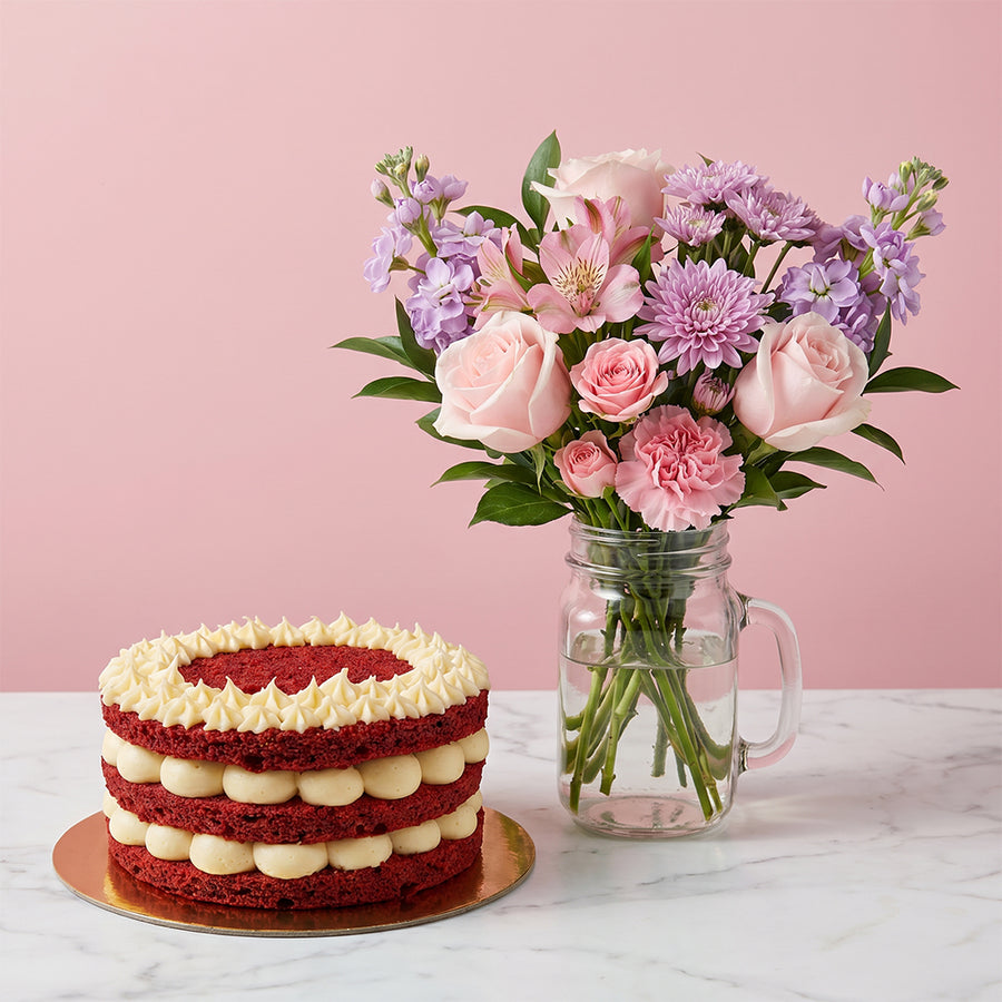 Red Velvet Cake & Pink Flower Bundle