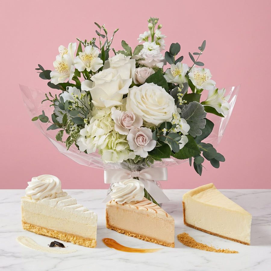 Assorted White Bouquet and Cheesecake Box