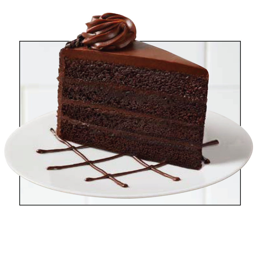 Slice of rich chocolate cake on a plate