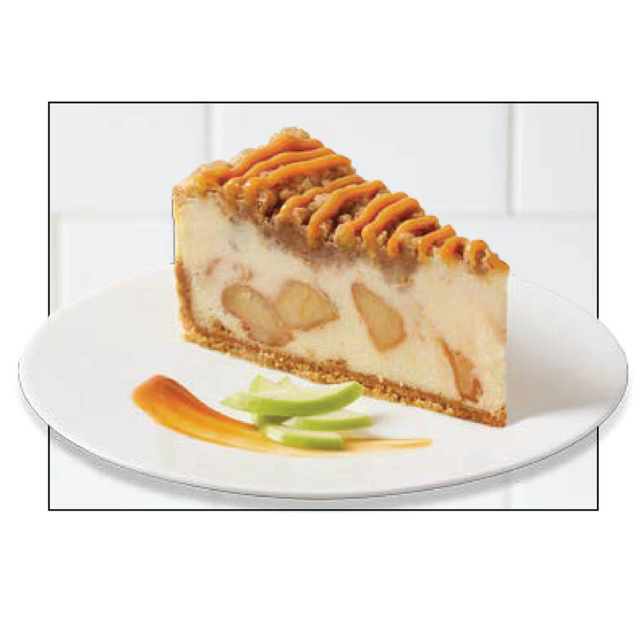 Slice of apple caramel cheesecake on a plate